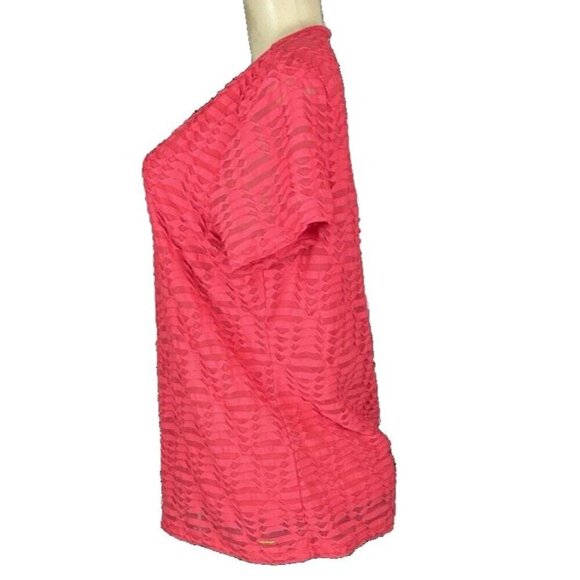 Calvin Klein L Red Coral Sheer Textured Inlay Lined Scoop Neck Short Sleeve Top - Picture 4 of 6